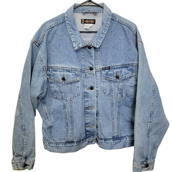 Vintage 90s Denim Jacket Women Medium Wash Dakota Blue Jean Black Coat 10 8 Fall - Picture 10 of 16